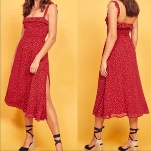 Reformation Siesta Red Polka Dot Ruffle Smocked Dress